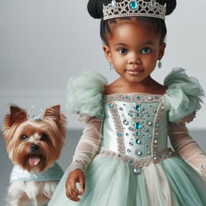 African Princess in Pastel Green Dress with Dog | Little Girl
