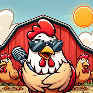 Humorous Chicken Farm Illustration with Sunglasses and Microphone