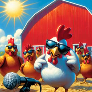 Cartoon Chickens at Red Barn: Bold, Vibrant Artwork