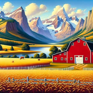 Vivid Rural Landscape with Red Barn, Mountains, and Wheat Field