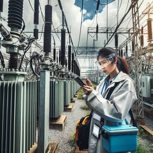 Female South Asian MAXTRON Engineer Testing Power Transformer | Electrical Substation