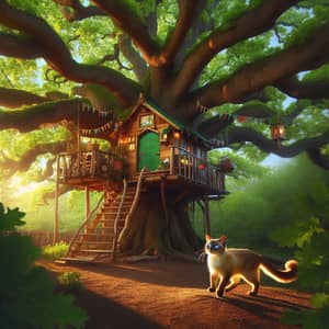 Captivating Tree House with Majestic Siamese Cat
