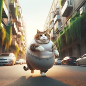 Charming Overweight Cat Playfully Running in Urban Street