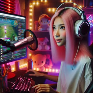 Filipino Girl Streamer With Pink Hair Livestreaming Video Game