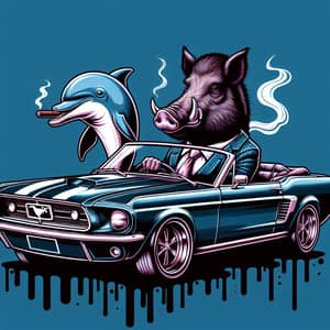 Wild Boar Driving Ford Mustang with Dolphin Co-Pilot