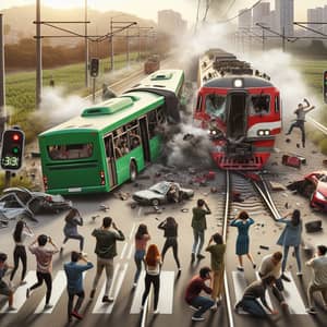 Green Bus and Red Train Collision in Semi-Urban Landscape