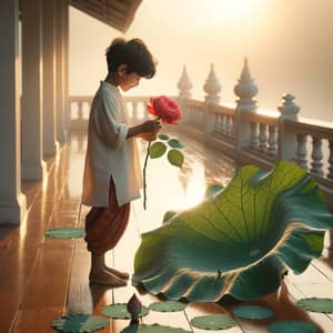 South Asian Boy with Rose on Lotus Leaf in Terrace