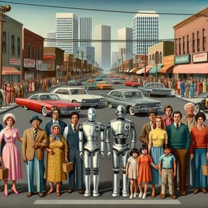 1970s Robots Walking Among Diverse Crowd on City Streets