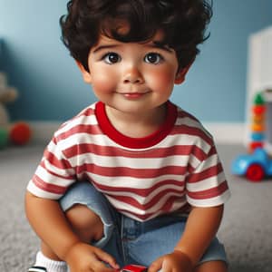 Innocent Hispanic Boy in Red Striped T-Shirt with Toy Car
