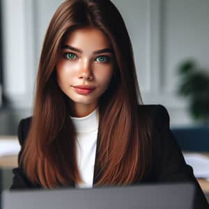 Confident Kazakh Woman with Green Eyes Working on Laptop