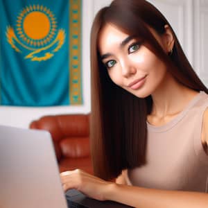 Kazakh Woman with Green Eyes and Brown Hair Working on Laptop