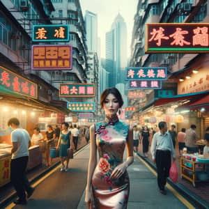Elegant East Asian Woman in Vibrant Cheongsam, Hong Kong City Scene