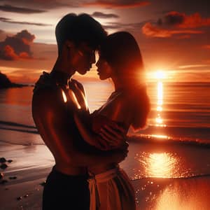 Intimate Sunset Moment: Asian Man Hugging Black Woman on Beach