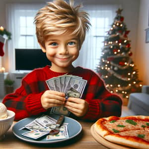 Young Boy Counting Money with Ice Cream and Pizza | Festive Scene