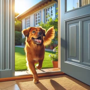 Happy Pet Dog Exiting Classic Blue House | Vibrant Brown Breed