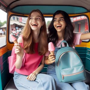 Joyful Auto Rickshaw Journey to Education Institute with Pink Bags and Ice Creams
