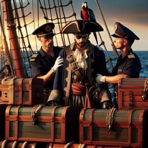 Pirate Apprehended by Maritime Forces with Treasure Chests