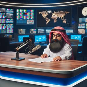 Middle-Eastern Male Dwarf Newscaster in Modern Newsroom Studio