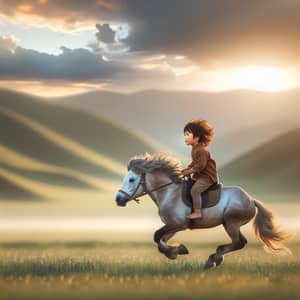 Asian Boy Riding Horse: Galloping Adventure on Grassland