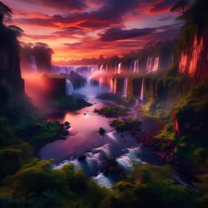 Majestic Waterfall at Twilight | Tranquil River Sunset View