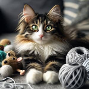 Fluffy Domestic Cat with Green Eyes - Playful Tabby Feline