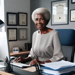 Elderly Black Woman Smiling at Office Desk | Wisdom & Warmth