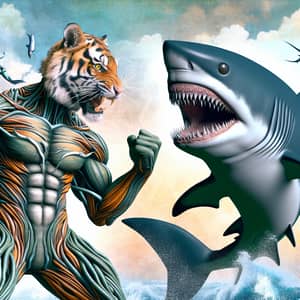 Humanoid Tiger Battles Mutant Shark in Surreal Underwater Scene