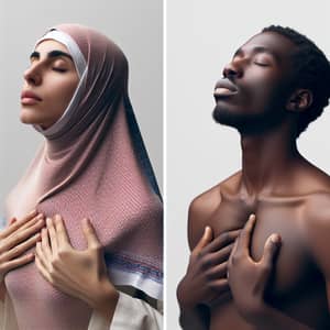 Breathing Techniques: Middle-Eastern Woman Inhaling, Black Man Exhaling