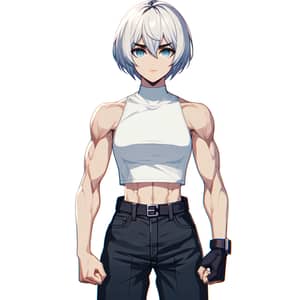 Anime Style Muscular Female Character with White Hair and Blue Eyes