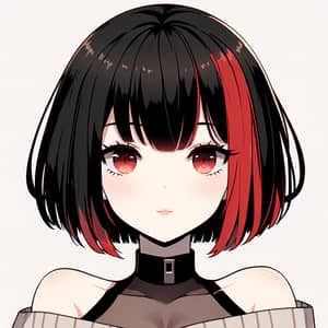 Anime-Style Girl with Black Hair and Red Fringe