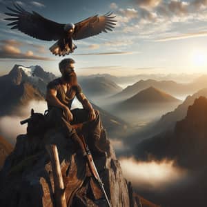 Bearded Man Sitting on Mountain with Eagle