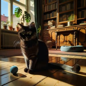 Adorable Domestic Short-Haired Cat Relaxing on Wooden Floor