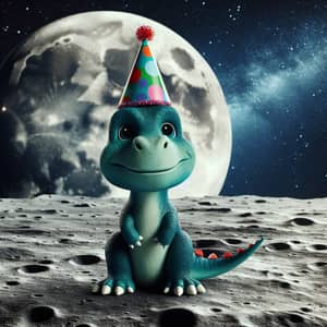 Colorful Dinosaur with Party Hat on Moon's Surface