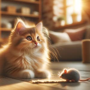 Fluffy Cat Lounging in Sunlit Room with Toy Mouse
