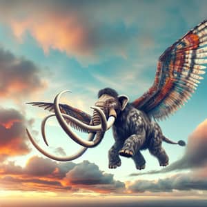 Graceful Extinct Animal with Tusks and Wings Soaring in Sunset Skies