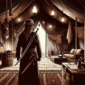 Pre-Islamic Era Depiction: Middle-Eastern Man in Tent with Sword