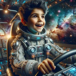 Young Hispanic Boy in Astronaut Suit on Futuristic Spaceship