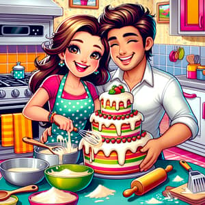 Joyful Cartoon Couple Baking Cake Together | Teamwork Illustration