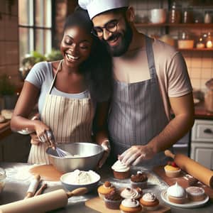 Heartwarming Cake Baking Scene with Diverse Couple