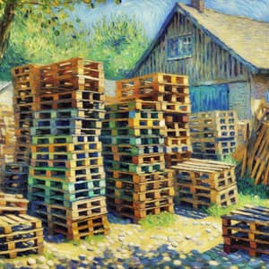 Impressionist Wood Pallets: Vibrant Scene in Blue, Green & Brown