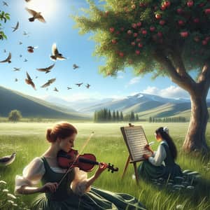 Tranquil Scene: Women Making Music in Green Meadow with Apple Tree
