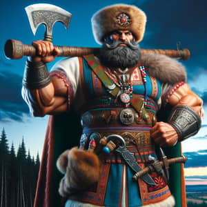 Russian Folklore Hero: Mighty Bogatyr with Double-Headed Ax
