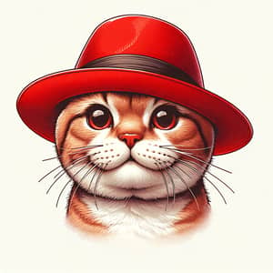 Medium-Sized Domestic Cat in Vibrant Red Hat Illustration