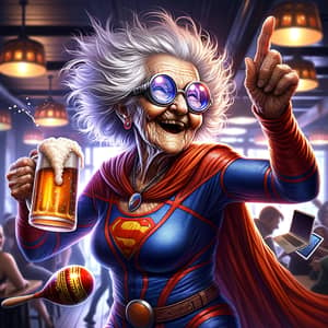 Eccentric Elderly Woman in Superhero Outfit Dances in Bar