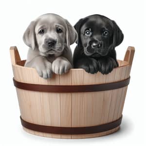 Silver and Charcoal Labrador Puppies in Wooden Bucket