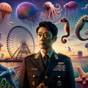 Asian Male Director in Military Uniform with Sea Creatures and Ferris Wheel