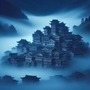 Tranquil Asian Village: Mystical Fog & Traditional Craftsmanship