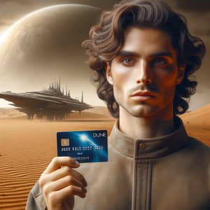 Futuristic Dune-inspired Character Holding Credit Card on Hostile Desert Planet
