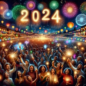 2024 New Year's Celebration: Joyful Crowd under Colorful Fireworks