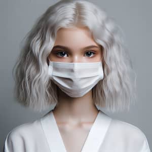 Caucasian Girl with Snowy White Hair | White Clothing & Mask